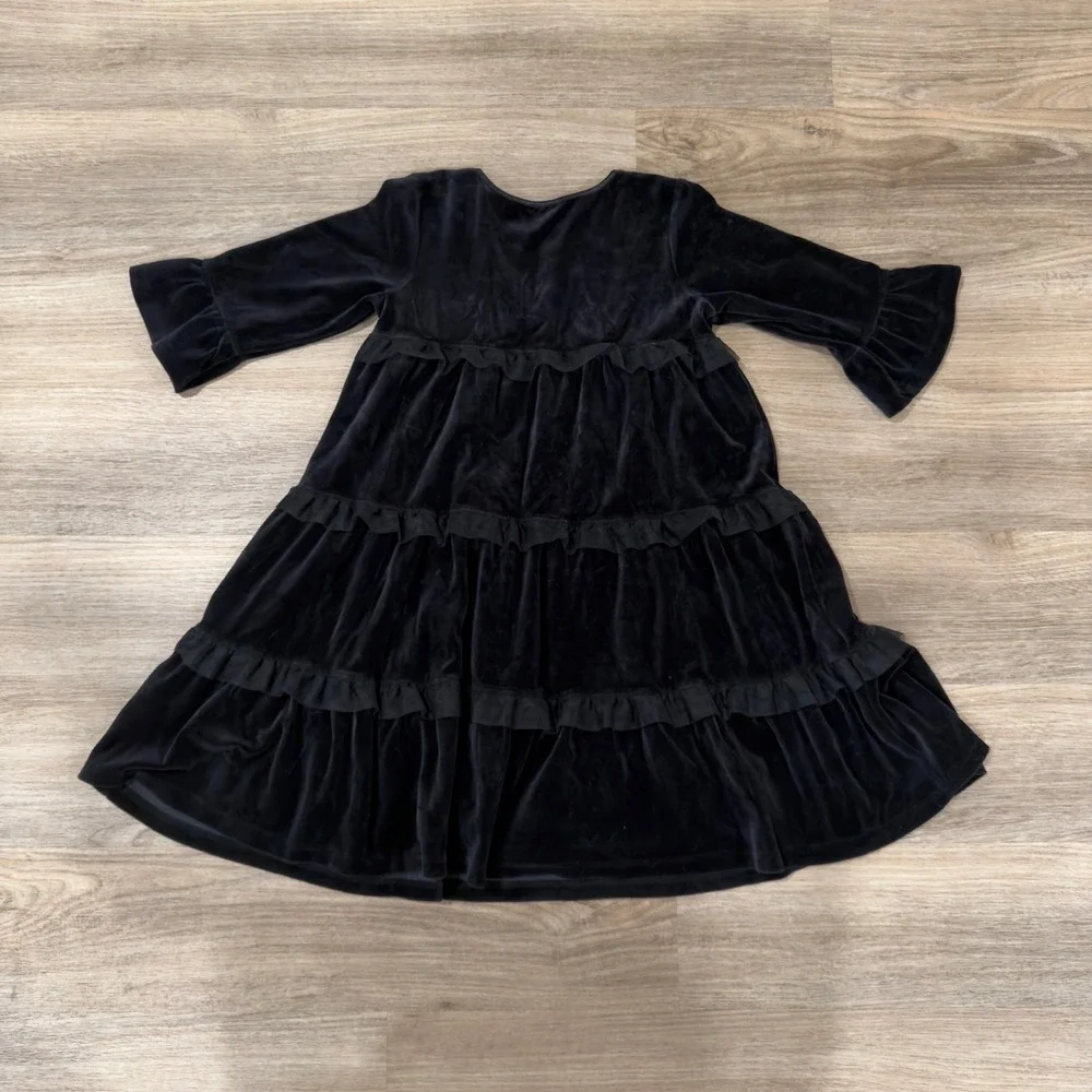 Hanna‎ Andersson Black Velvet Tiered Ruffle Dress Girls Size 130 Long Sleeve